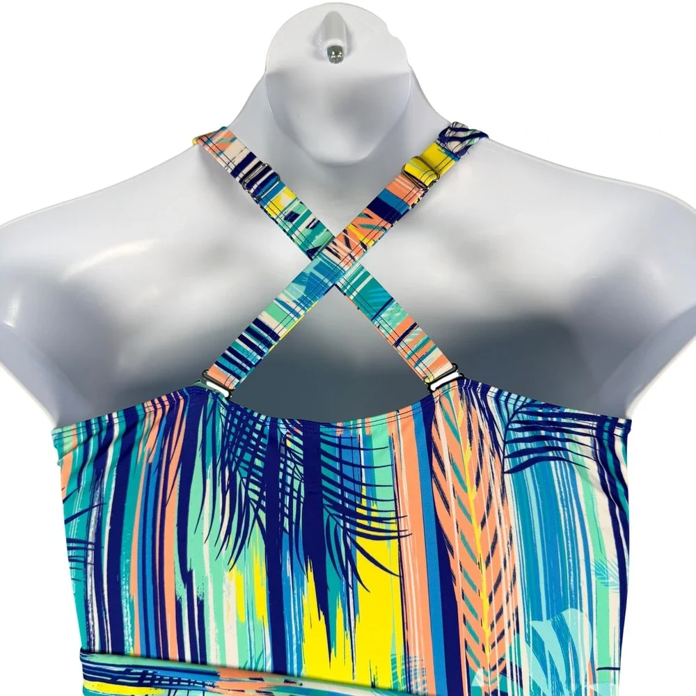 D&Co Beach Womens Blue Yellow Tropical Palm Halter Swimdress One Piece Size 12
